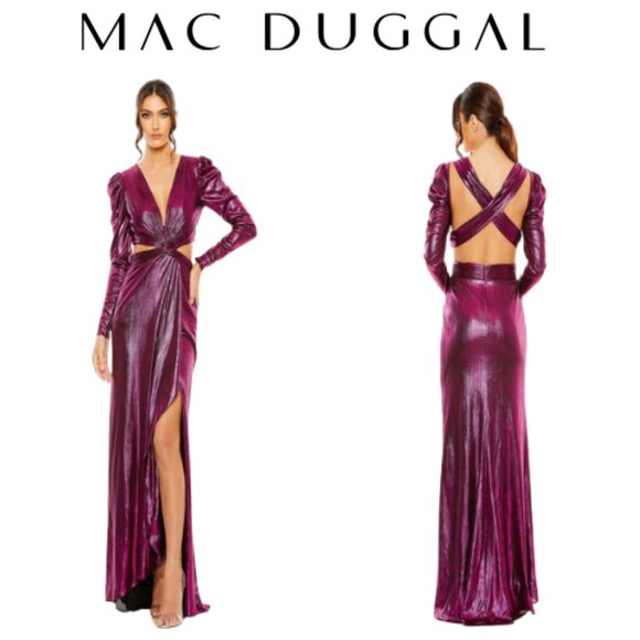 Mac Duggal Metallic Purple Princess Long Sleeve Cutout Evening Gown Size 6  NWT - Picture 1 of 1